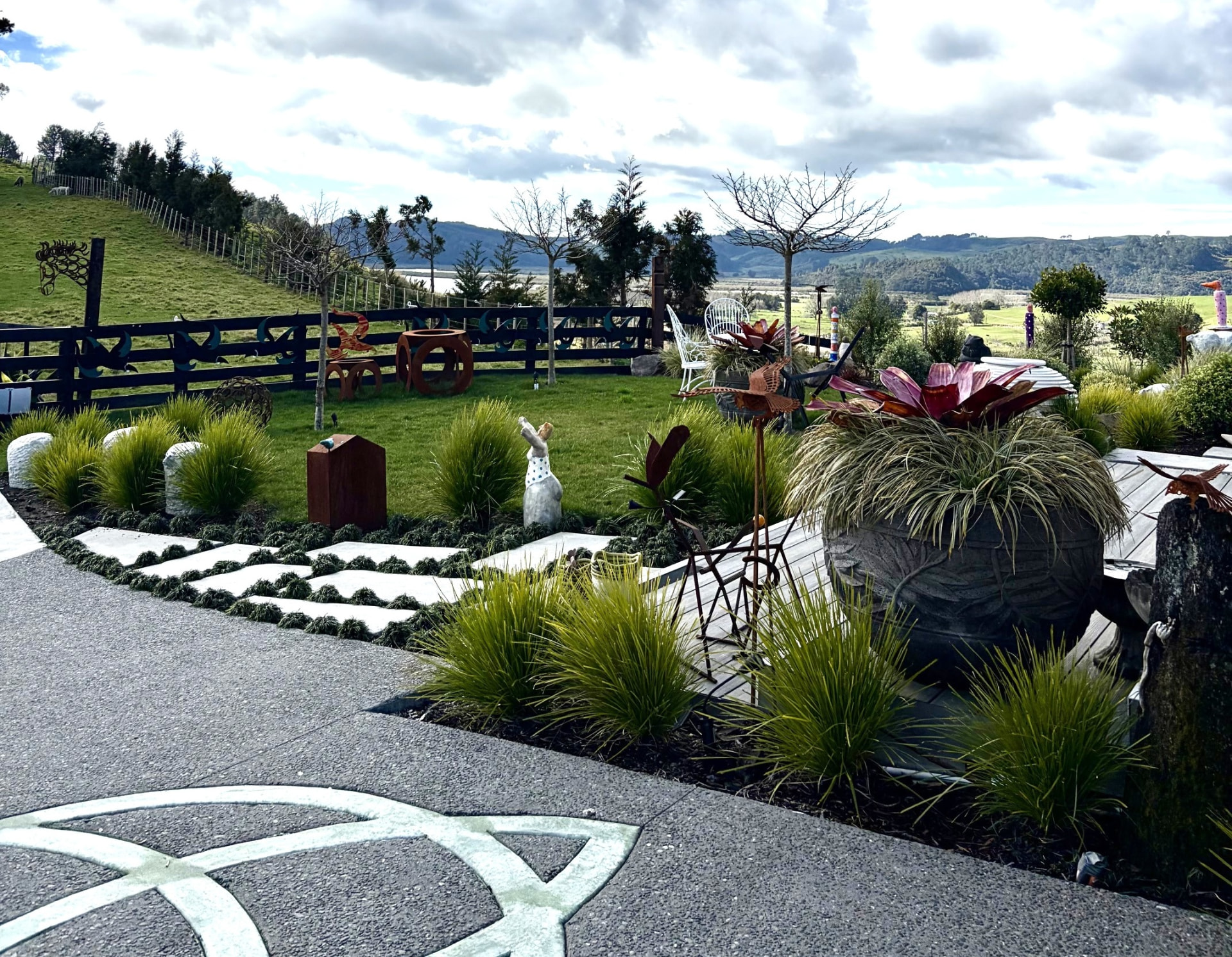 Sculpture garden with views over the Coroglen countryside